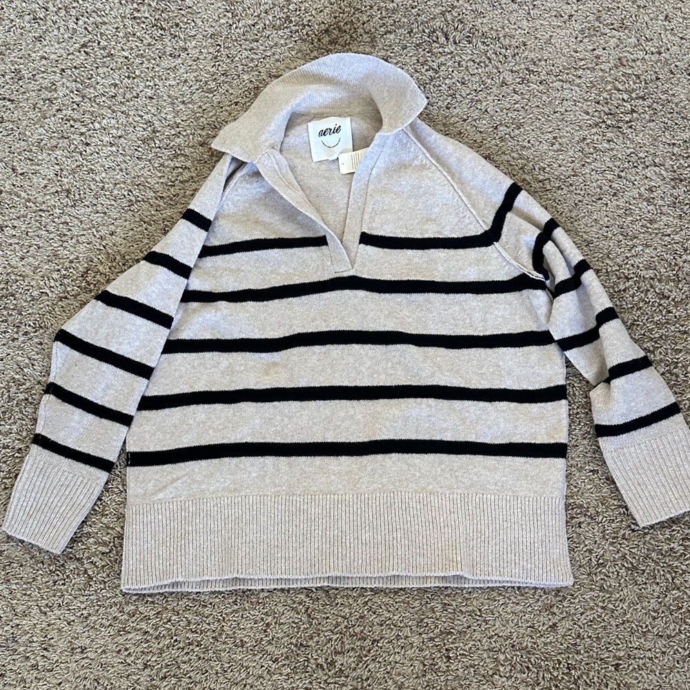 Aerie Women's Black Striped Cream Turtleneck Sweater